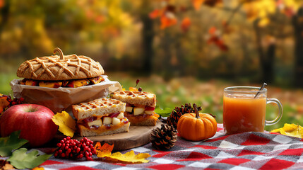 Wall Mural -  serene autumn picnic with hot apple cider and pumpkin pie