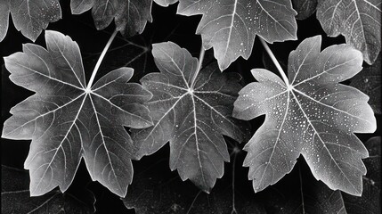 Poster - Dewdrops Adorn Translucent Leaves Black Background