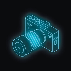 Poster - Neon blue outline of a camera glowing on a dark background, representing photography
