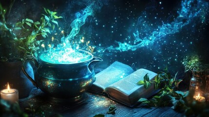 Aufkleber - Magical Potion Brewing Scene With Glowing Cauldron And Book