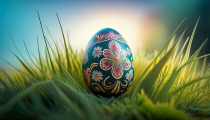 Wall Mural - A beautifully hand-painted Easter egg with intricate floral patterns, symbolizing spring and tradition.
