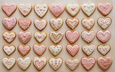 Wall Mural - Heart-shaped cookies with icing for Saint Valentines Day and 8 March International Womens Day on a pastel beige background