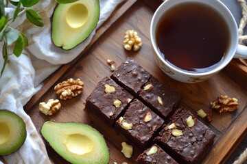 Wall Mural - Lush dark chocolate avocado brownies with walnuts elegantly presented on a rustic wooden board.