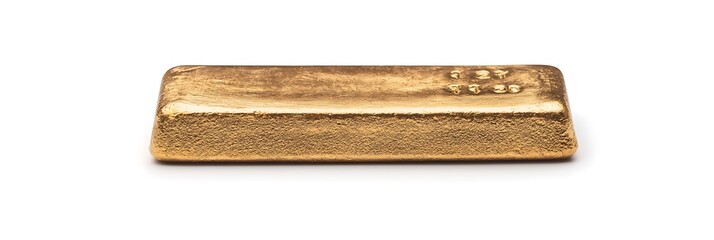 A shiny gold bar displayed on a white background, symbolizing wealth, investment, and luxury.