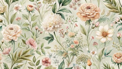 Wall Mural - Elegant Botanical Illustration Featuring a Soft Color Palette of Peach, Cream, and Green Hues, Depicting a Lush Garden of Various Flowers and Foliage