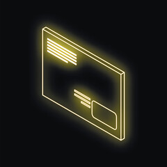 Poster - bright yellow neon isometric envelope shining on a dark background, ideal for communication and mess