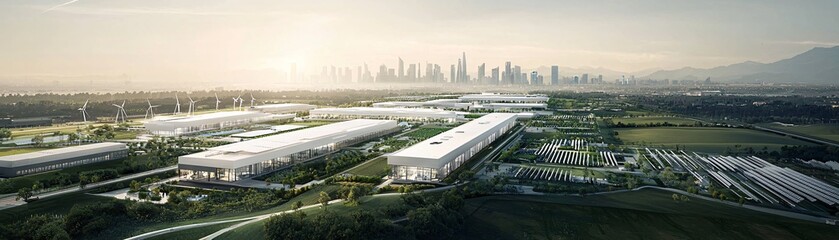 Poster - wide-angle photography of a futuristic green energy hub, featuring wind turbines, solar panels, and 