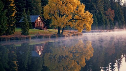 Poster - A serene lake reflecting a glowing autumn tree and a cozy cabin, mist over the water and slow drifting clouds