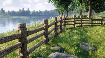 Canvas Print - Wooden Fence Beside A Calm River And Lush Green Grass