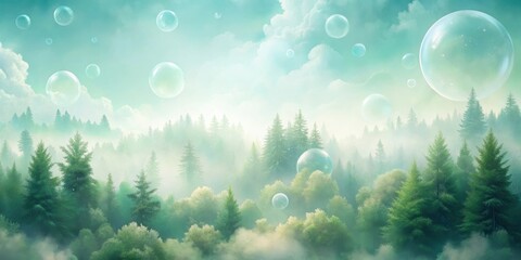 Wall Mural - Enchanted Forest Dreamscape  Floating Bubbles Above Misty Pine Trees in a Serene, Ethereal Atmosphere