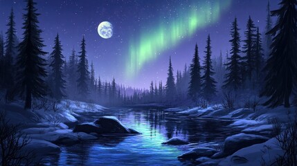 Canvas Print - Winter Night Scene With Aurora Borealis Over Frozen River