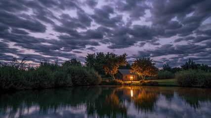 Poster - A serene lake reflecting a glowing autumn tree and a cozy cabin, mist over the water and slow drifting clouds
