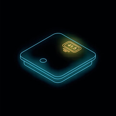 Poster - Bathroom scale showing weight on a black background with glowing neon isometric outline