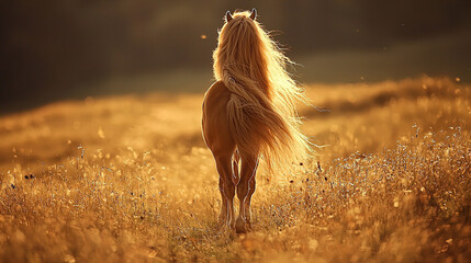Wall Mural - majestic golden pony walks through sunlit meadow during late afternoon. generative ai