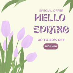 Wall Mural - Spring Sale Header or Banner Design, Minimalistic style with floral elements and texture. Editable vector template for card, banner, invitation, social media post, poster, mobile apps, web ads