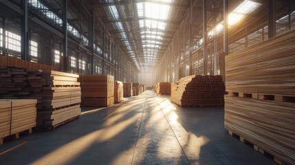 Aufkleber - Sunlit Warehouse Stacks Of Lumber And Wood