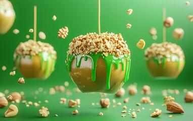 Wall Mural - Levitating golden caramel apples with green candy drizzle and nut crumbles, Saint Patricks Day mockup