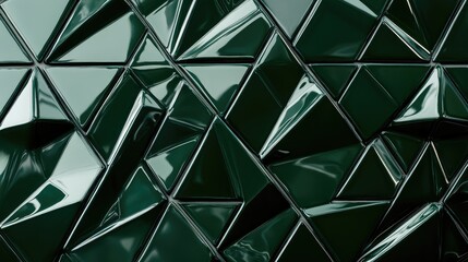 Fototapete - Abstract dark green triangular mosaic tile texture featuring a geometric fluted triangle pattern, ideal for modern architectural backgrounds and interior design