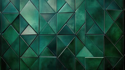 Fototapete - Abstract dark green mosaic tile texture with geometric fluted triangles, perfect for creating modern architectural designs and stylish background aesthetics