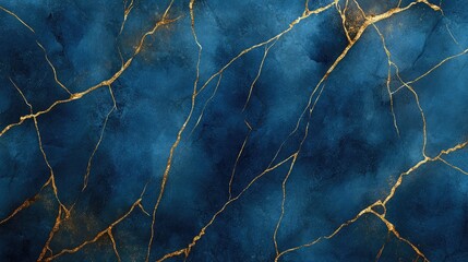 Poster - Blue watercolor backdrop with shimmering golden veins and a cracked marble texture, adding a refined and artistic touch to any creative project