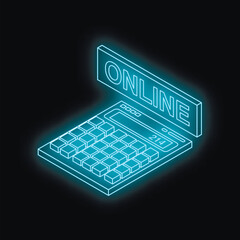 Poster - Neon blue calculator with online sign hovering above, symbolizing online banking, e commerce, and digital finance