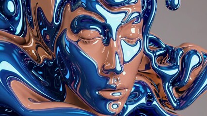 Poster -  A surreal floating face emerging from smooth, fluid shapes in glowing blue and orange hues,