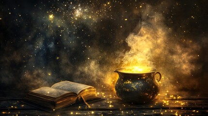 Aufkleber - Magical Cauldron Scene With Open Ancient Book