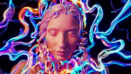 Poster -  A surreal floating face emerging from smooth, fluid shapes in glowing blue and orange hues,