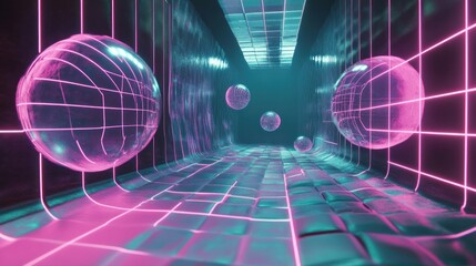 Poster - Neon Grid Corridor With Floating Glass Spheres