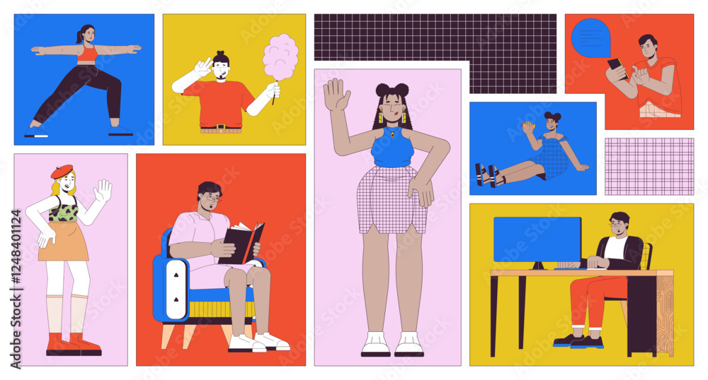 Everyday activities bento grid illustration set. Work and leisure ...