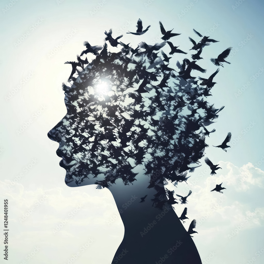 silhouette of human head composed of flying birds with bright sun ...