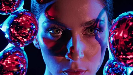 Poster -  A close-up of a woman's face illuminated by cool blue light, surrounded by fluid, glossy red shapes,