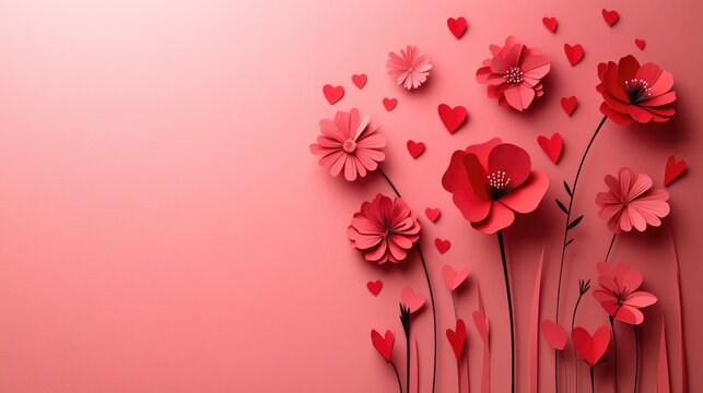 Romantic paper cut-style red flowers and hearts delicately placed on a soft pink background, ideal for Valentine's Day and love-themed designs