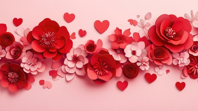 Romantic paper cut-style red flowers and hearts delicately placed on a soft pink background, ideal for Valentine's Day and love-themed designs