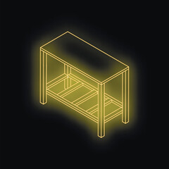 Poster - Yellow neon table glowing on black background, representing modern furniture design and interior decoration