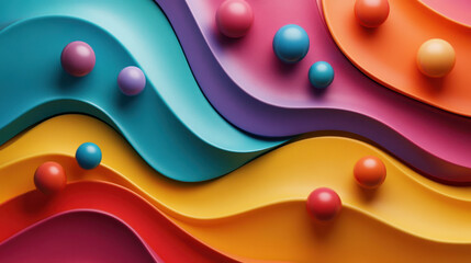 Poster - Colorful abstract waves with spheres create vibrant, playful design