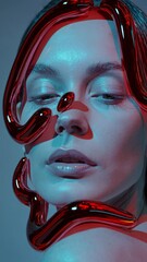 Poster -  A close-up of a woman's face illuminated by cool blue light, surrounded by fluid, glossy red shapes,