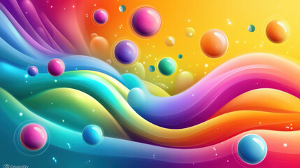 Poster - Vibrant abstract waves with colorful bubbles create joyful atmosphere