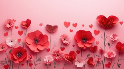 Poster - Soft pink background adorned with paper cut-style red flowers and hearts, arranged for a charming, festive feel perfect for Valentine's Day themes