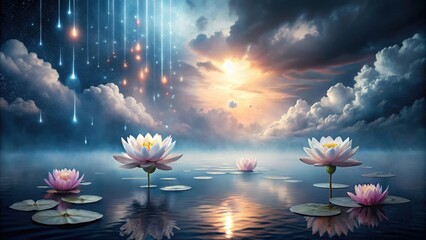 Wall Mural - Serene Water Lilies Bloom Under a Celestial Sky of Falling Stars and Sunset Clouds