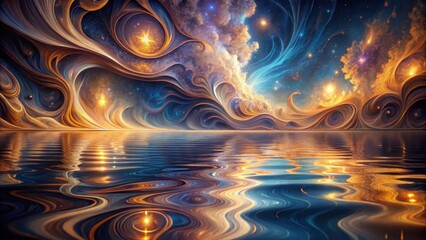 Wall Mural - A Serene Celestial Seascape with Swirling Cosmic Clouds Reflected in Tranquil Waters, a Dreamlike Vision of Otherworldly Beauty