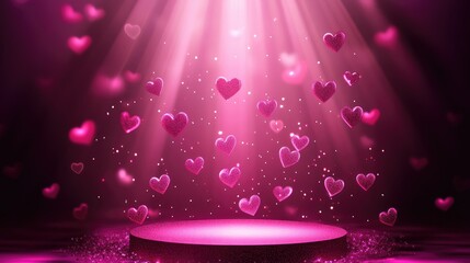 Aufkleber - Vibrant pink podium highlighted with floating hearts, glowing love symbols, and a gradient mesh for a modern and romantic 3D Valentine's background