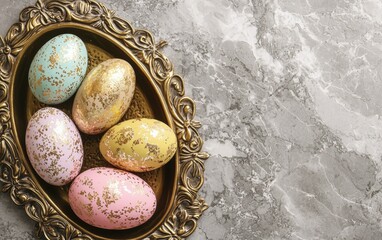 Wall Mural - Luxury mockup background with space for text featuring Easter eggs with delicate foil accents placed in an ornate golden tray for a sophisticated festive look for Easter