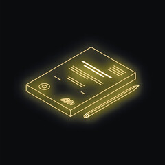 Poster - Isometric view of a signed contract with a pencil, glowing neon yellow on a black background, symbolizing a finalized business deal