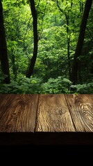 Wall Mural - Forest scene, wooden table top, nature background, for product display, potential use in e-commerce