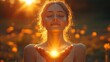 © SVector - Young woman with closed eyes enjoying sunlight, holding glowing light in hands. Warm golden tones, nature background. Concept of peace