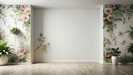 Wall Mural - Serene Room Interior Design Featuring Elegant Floral Wall Murals and Potted Plants