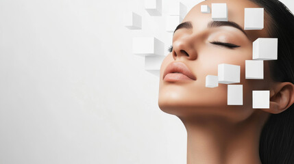 Poster - abstract flying white cubes in front of white background futuristic modern 3d render illustration