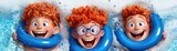 Cartoon kids swimming with inner tubes in a pool
