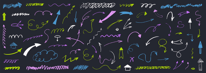 Wall Mural - Arrow sketch with texture crayon chalk. Scribble hand drawn set arrow and underline colorful on black background. Underline crayon chalk set, Vector illustration